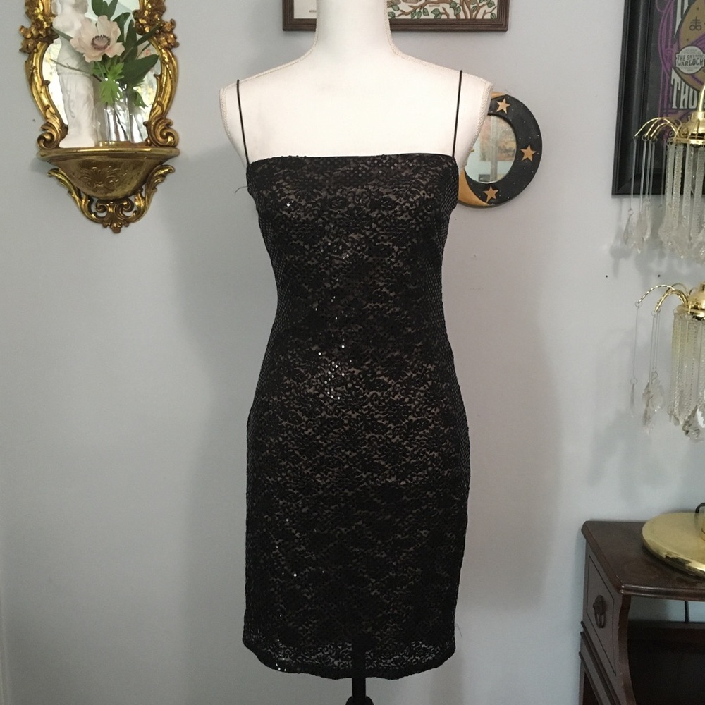 90s Y2K Vintage Rampage Black Sequin Mesh Beige Strappy Mini Dress M